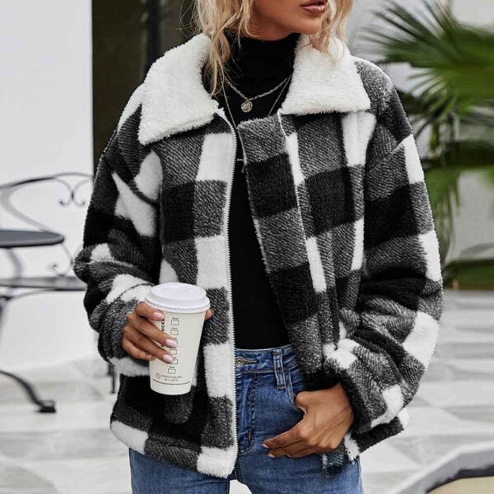 BOHO BABE Buffalo Plaid Zip Up Teddy Coat - Picture 2 of 7